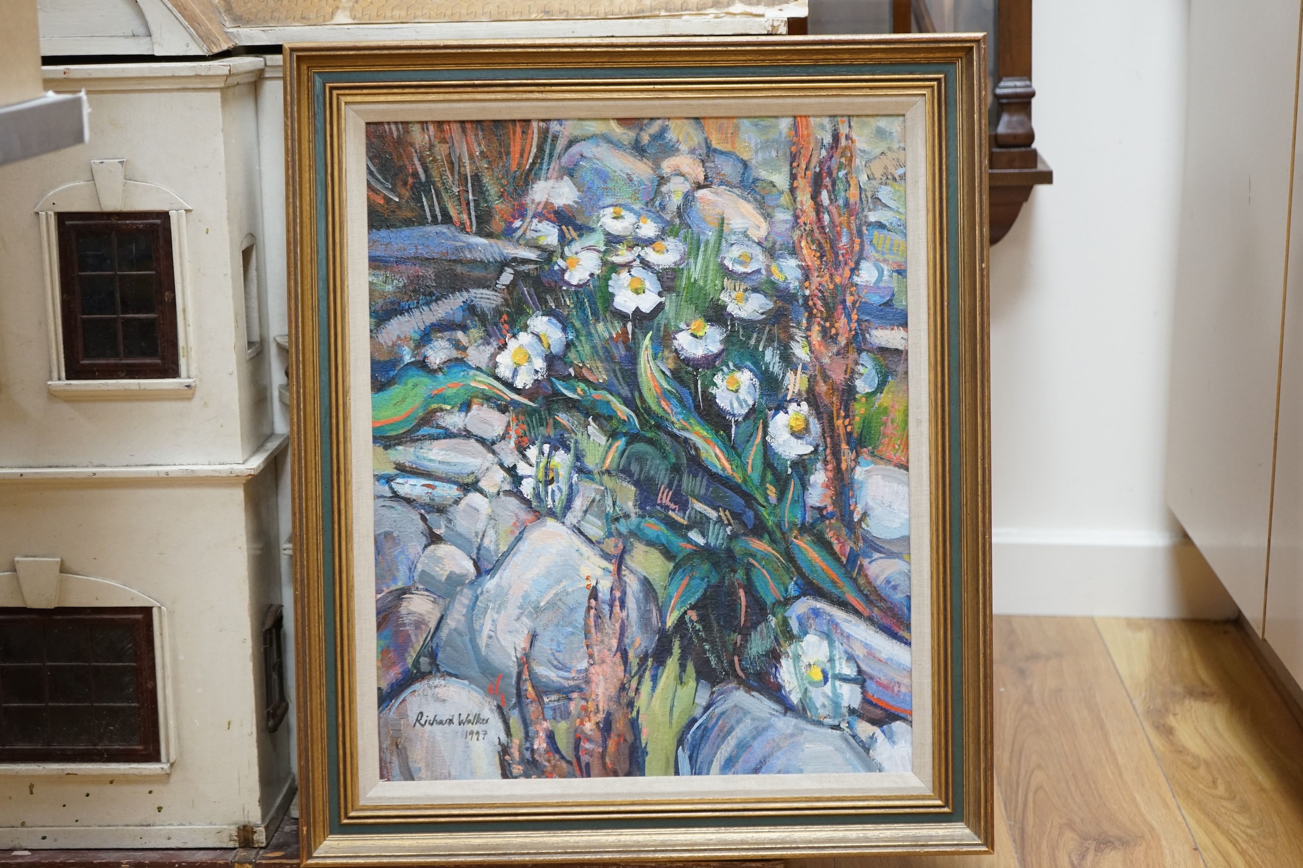 Richard Walker (20th. C), oil on board, Study of flowers, signed and dated 1997, 54 x 44cm. Condition - good